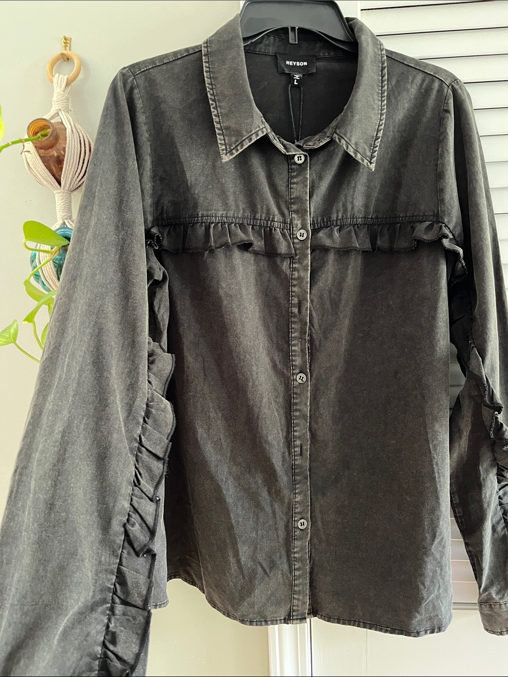 HEYSON Washed Black Ruffle-Trim Button Down Shirt